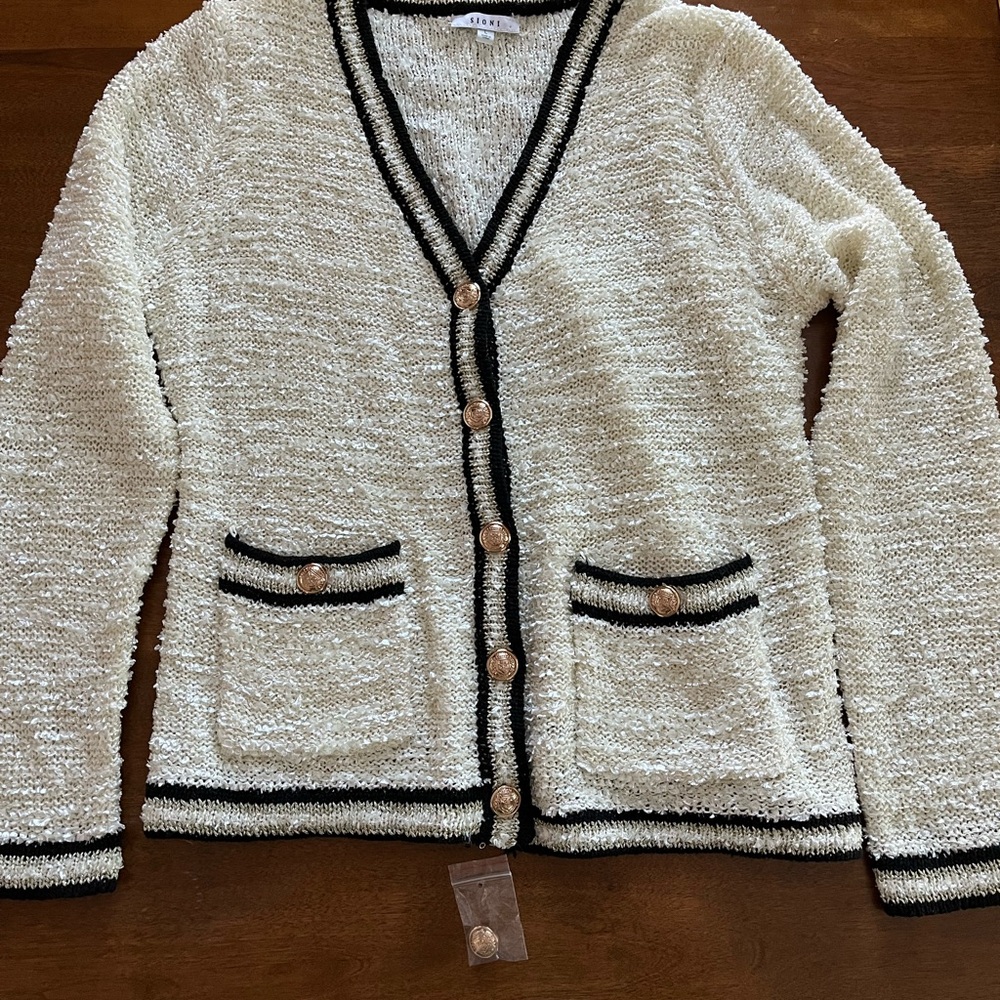 Cream Textured Cardigan with Black Trim
